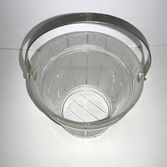 Ice Bucket Glass w/Hammered Metal Handle Oak Barrel Pattern Mid-Century Mod - Picture 3 of 10